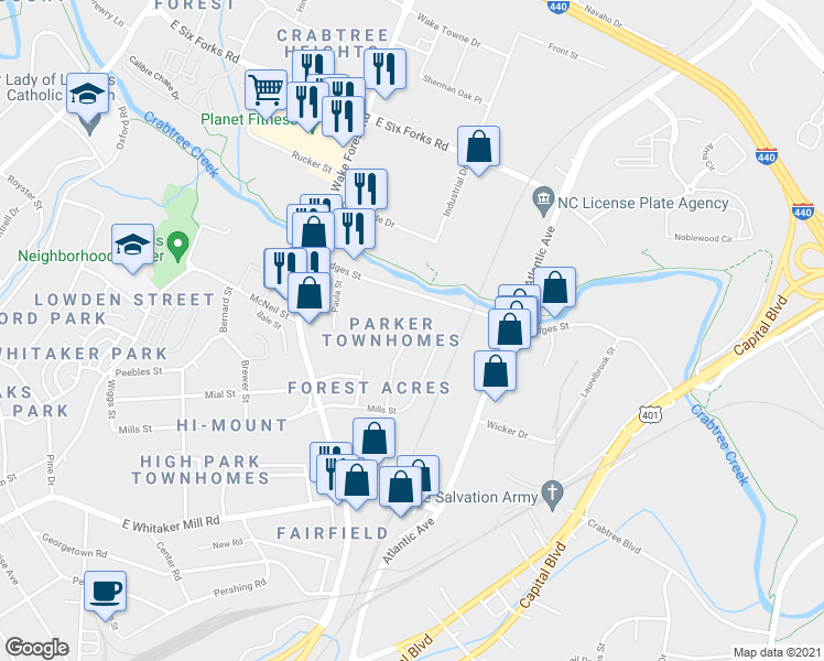 map of restaurants, bars, coffee shops, grocery stores, and more near 2212 Bellaire Avenue in Raleigh