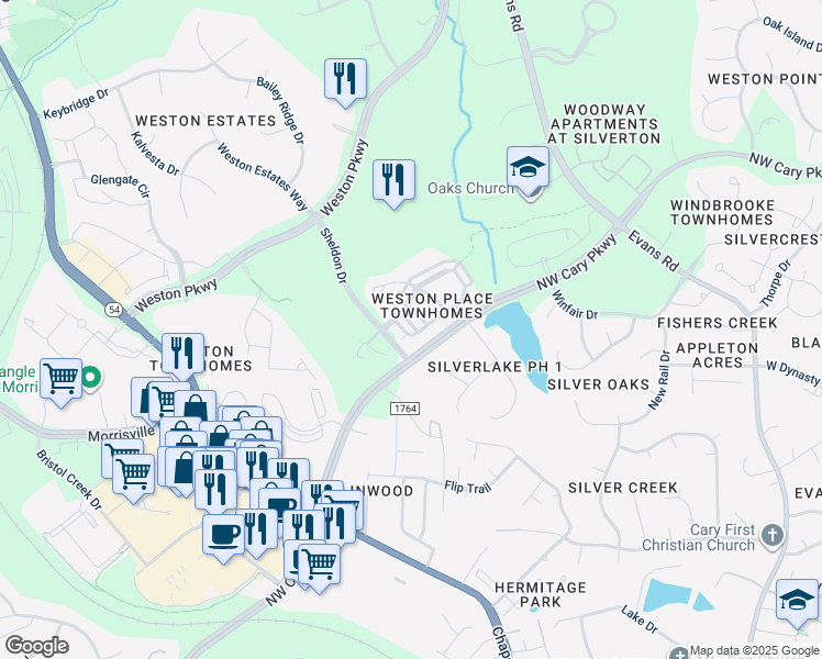 map of restaurants, bars, coffee shops, grocery stores, and more near 3058 Weston Green Loop in Cary