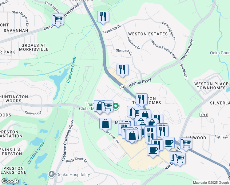 map of restaurants, bars, coffee shops, grocery stores, and more near 29 Summit Ridge Loop in Morrisville