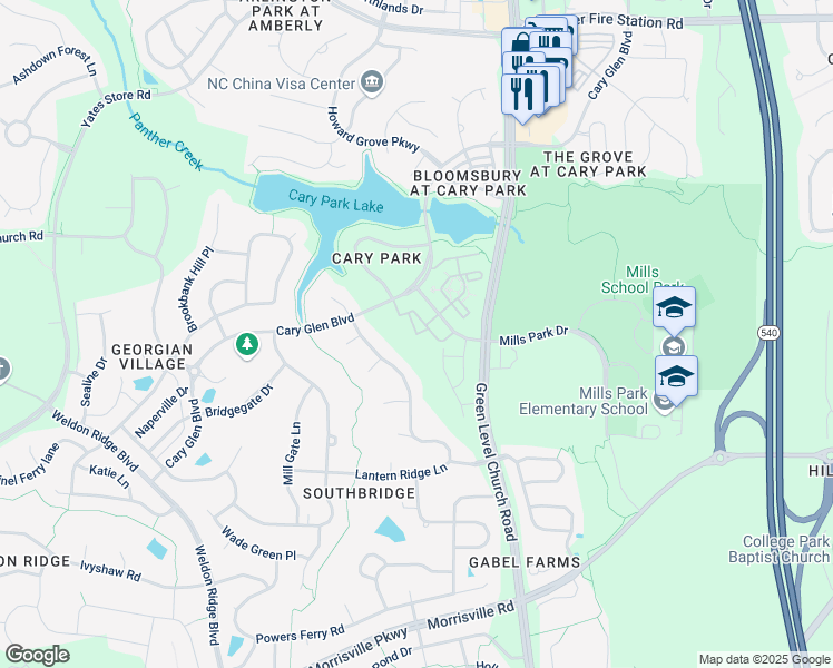 map of restaurants, bars, coffee shops, grocery stores, and more near Ballyliffen Lane in Cary