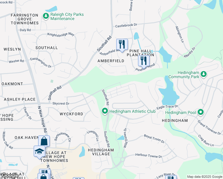 map of restaurants, bars, coffee shops, grocery stores, and more near 4737 Forest Highland Drive in Raleigh