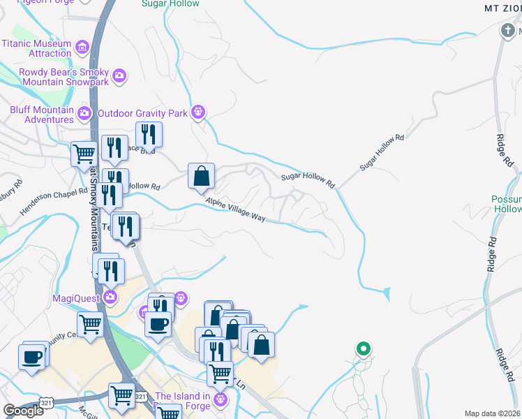 map of restaurants, bars, coffee shops, grocery stores, and more near 2611 Tree Top Way in Pigeon Forge