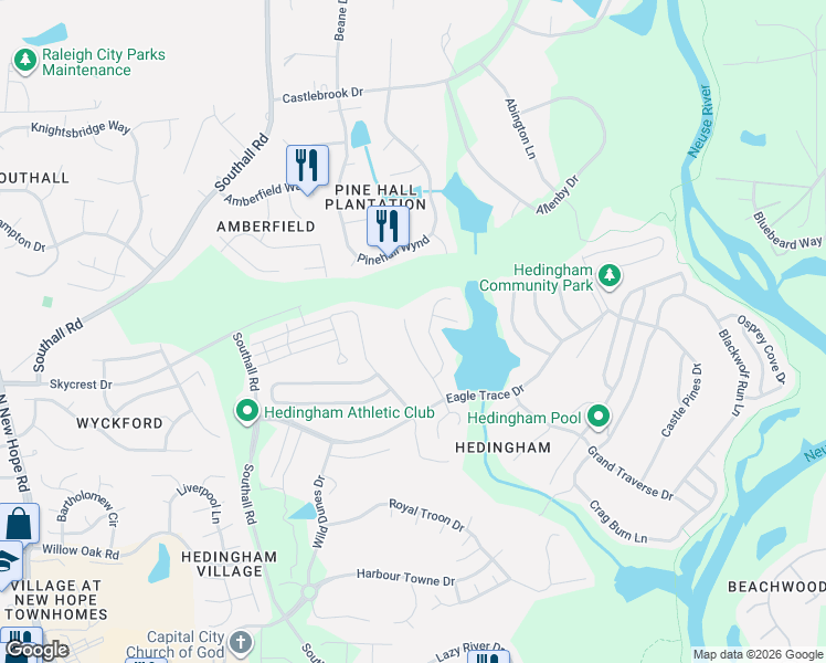 map of restaurants, bars, coffee shops, grocery stores, and more near 2025 Shadow Creek Drive in Raleigh