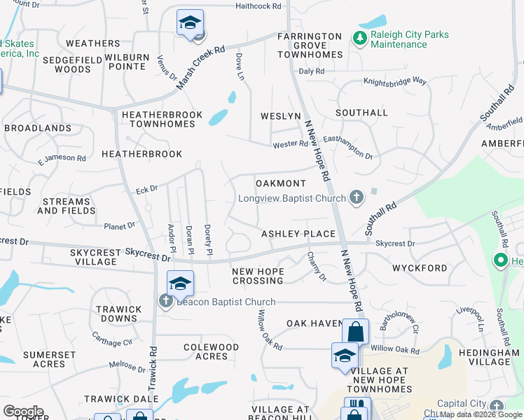 map of restaurants, bars, coffee shops, grocery stores, and more near 2404 Diquedo Drive in Raleigh