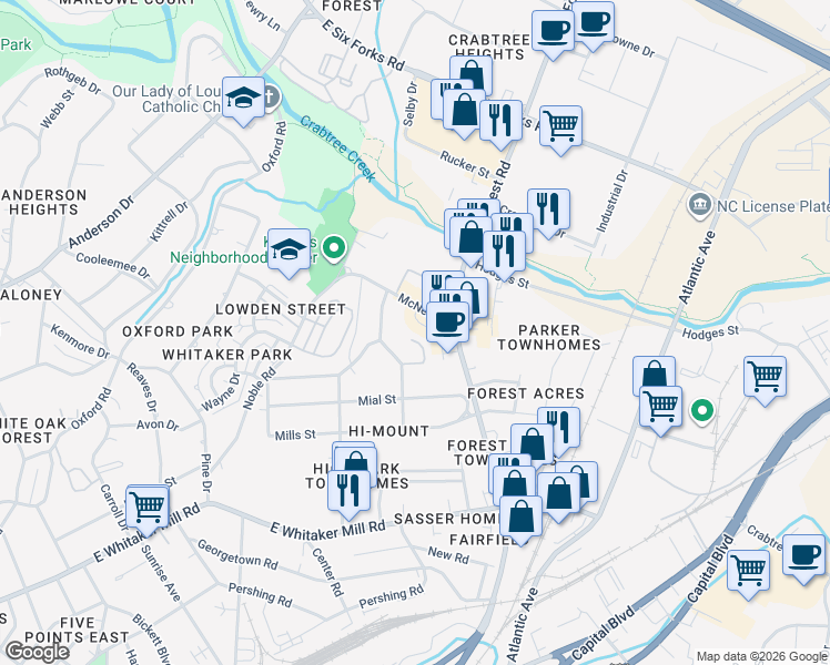map of restaurants, bars, coffee shops, grocery stores, and more near 2120 Ruark Court in Raleigh