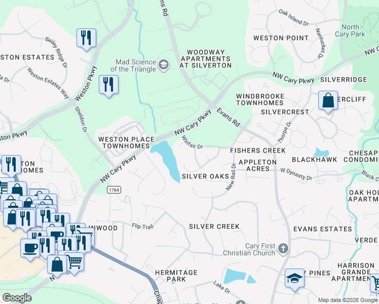 map of restaurants, bars, coffee shops, grocery stores, and more near 310 Rose Valley Woods Drive in Cary