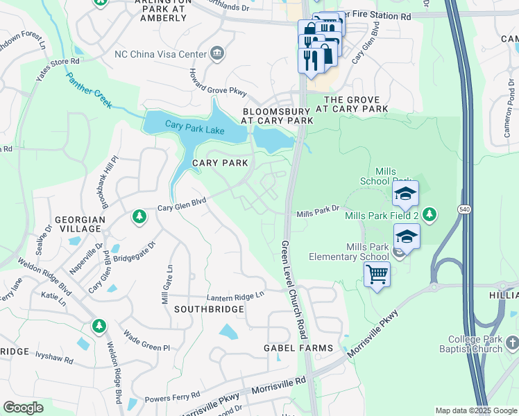 map of restaurants, bars, coffee shops, grocery stores, and more near 404 Bent Tree Lane in Cary