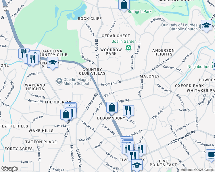 map of restaurants, bars, coffee shops, grocery stores, and more near 2212 Anderson Drive in Raleigh