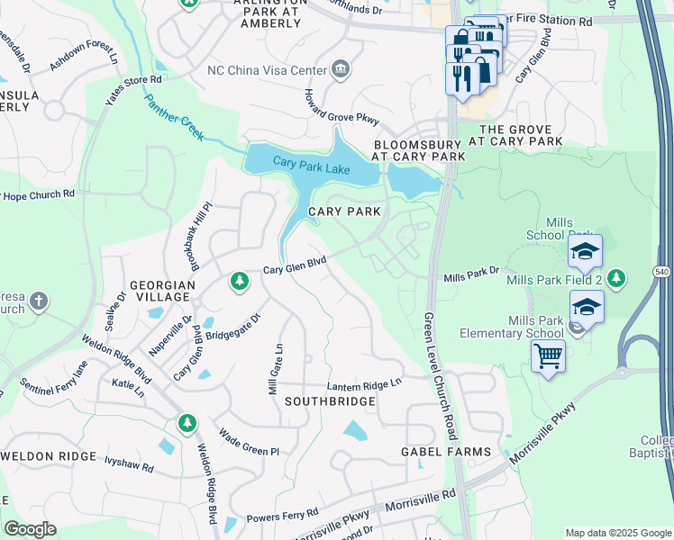 map of restaurants, bars, coffee shops, grocery stores, and more near 103 Lantern Ridge Lane in Cary