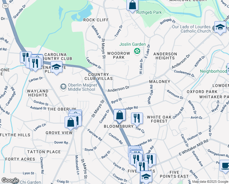 map of restaurants, bars, coffee shops, grocery stores, and more near 2212 Anderson Drive in Raleigh