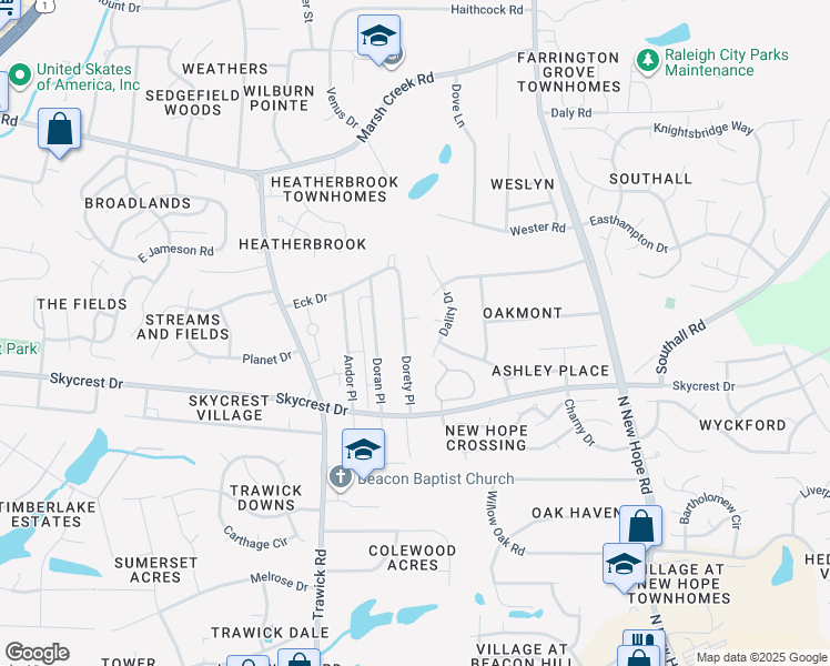 map of restaurants, bars, coffee shops, grocery stores, and more near 2325 Dorety Place in Raleigh