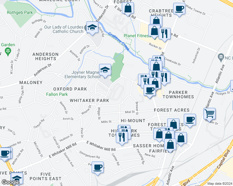 map of restaurants, bars, coffee shops, grocery stores, and more near 753 Fallon Grove Way in Raleigh