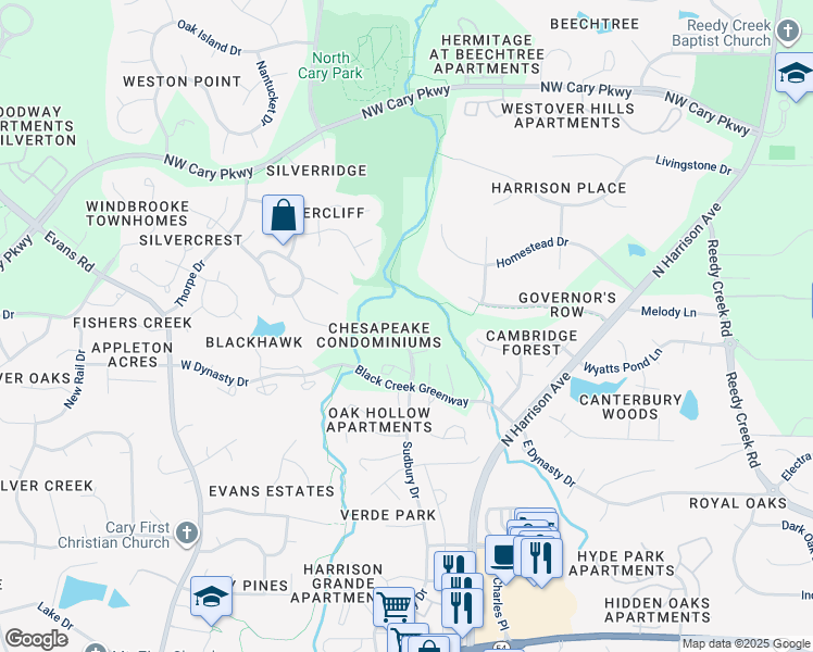 map of restaurants, bars, coffee shops, grocery stores, and more near 505 Gooseneck Drive in Cary