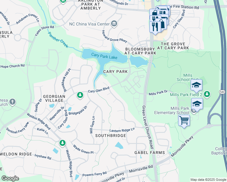 map of restaurants, bars, coffee shops, grocery stores, and more near 103 Lantern Ridge Lane in Cary