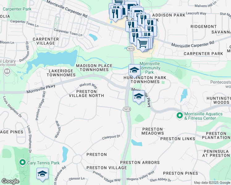 map of restaurants, bars, coffee shops, grocery stores, and more near 1146 Kingston Grove Drive in Cary