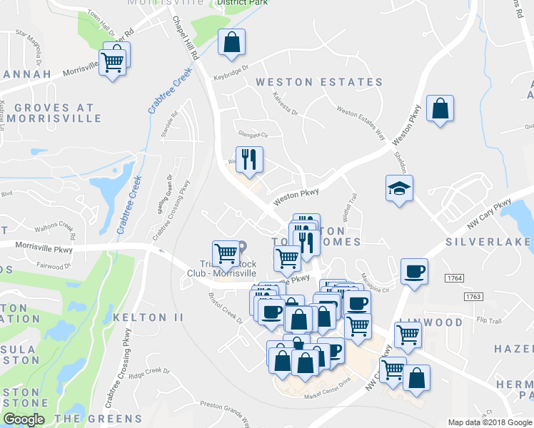 map of restaurants, bars, coffee shops, grocery stores, and more near 15701 Weston Parkway in Morrisville