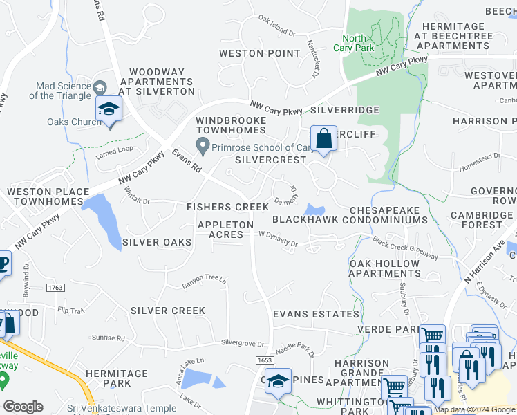 map of restaurants, bars, coffee shops, grocery stores, and more near 108 Aborfield Court in Cary