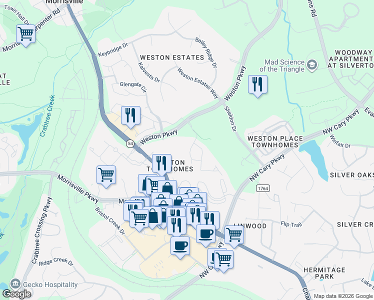 map of restaurants, bars, coffee shops, grocery stores, and more near 203 Wildfell Trail in Cary