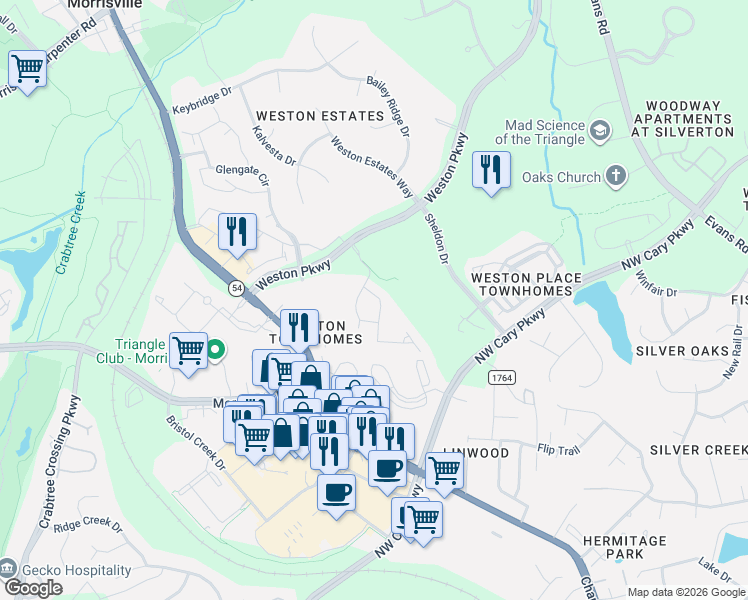 map of restaurants, bars, coffee shops, grocery stores, and more near 203 Wildfell Trail in Cary