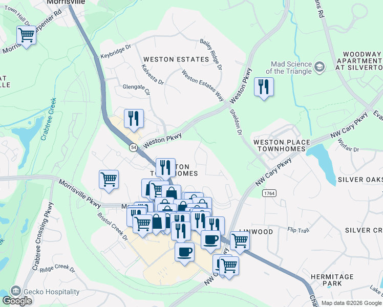 map of restaurants, bars, coffee shops, grocery stores, and more near 203 Wildfell Trail in Cary