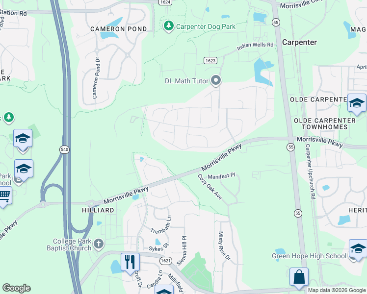 map of restaurants, bars, coffee shops, grocery stores, and more near 2925 Banks Knoll Drive in Cary