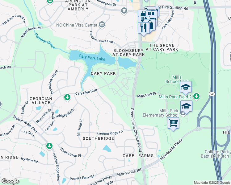 map of restaurants, bars, coffee shops, grocery stores, and more near 119 Ballyliffen Lane in Cary