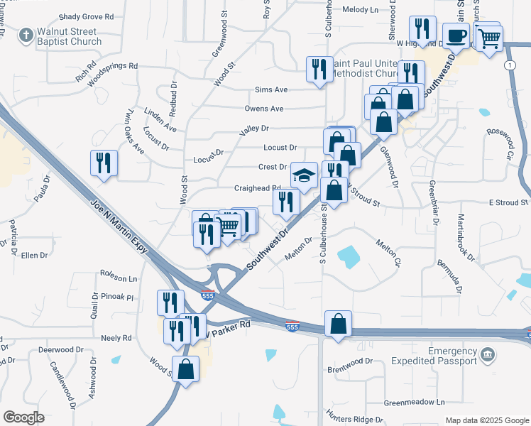map of restaurants, bars, coffee shops, grocery stores, and more near 740 Southwest Drive in Jonesboro