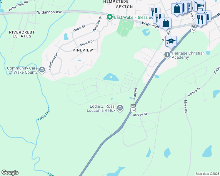 map of restaurants, bars, coffee shops, grocery stores, and more near 705 Pony Road in Zebulon