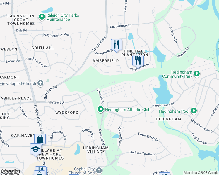 map of restaurants, bars, coffee shops, grocery stores, and more near 4737 Forest Highland Drive in Raleigh