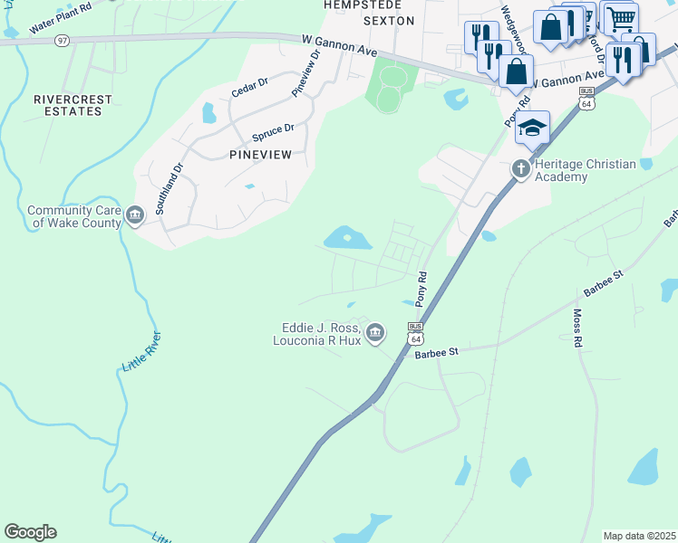 map of restaurants, bars, coffee shops, grocery stores, and more near 1213 Whitespire Way in Zebulon