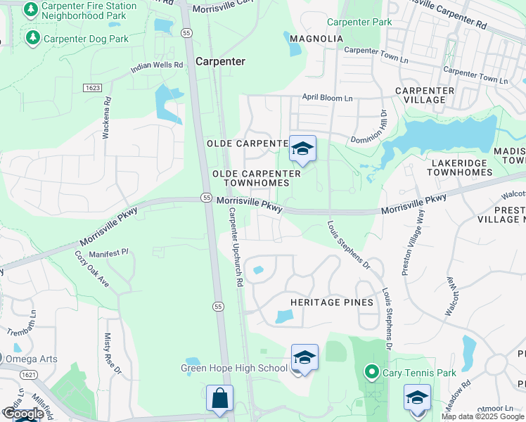 map of restaurants, bars, coffee shops, grocery stores, and more near 1020 Pyrenees Way in Cary