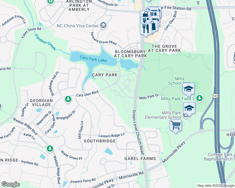 map of restaurants, bars, coffee shops, grocery stores, and more near 931 Portstewart Drive in Cary