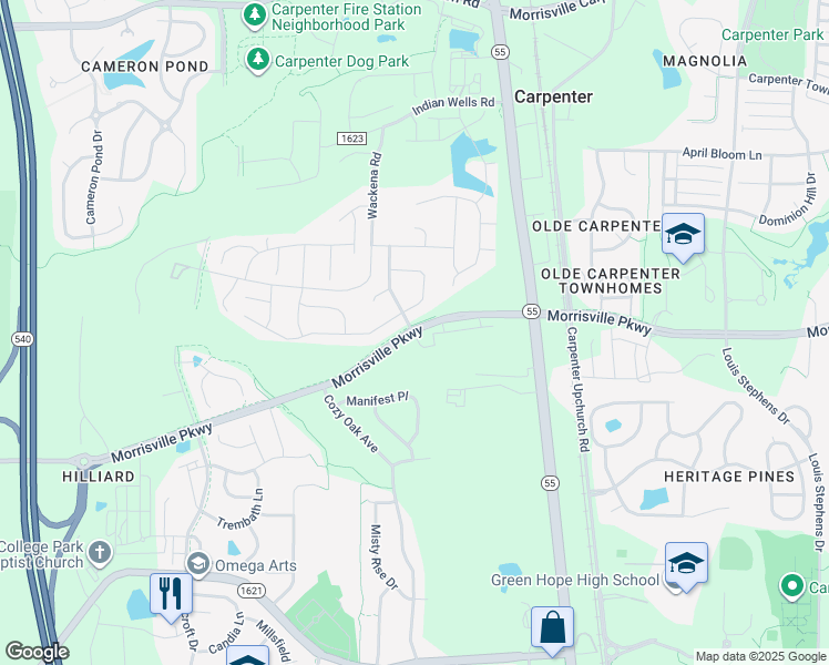 map of restaurants, bars, coffee shops, grocery stores, and more near 2525 Morrisville Parkway in Cary
