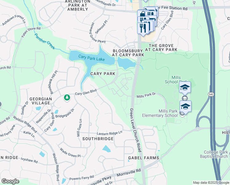 map of restaurants, bars, coffee shops, grocery stores, and more near 912 Portstewart Drive in Cary