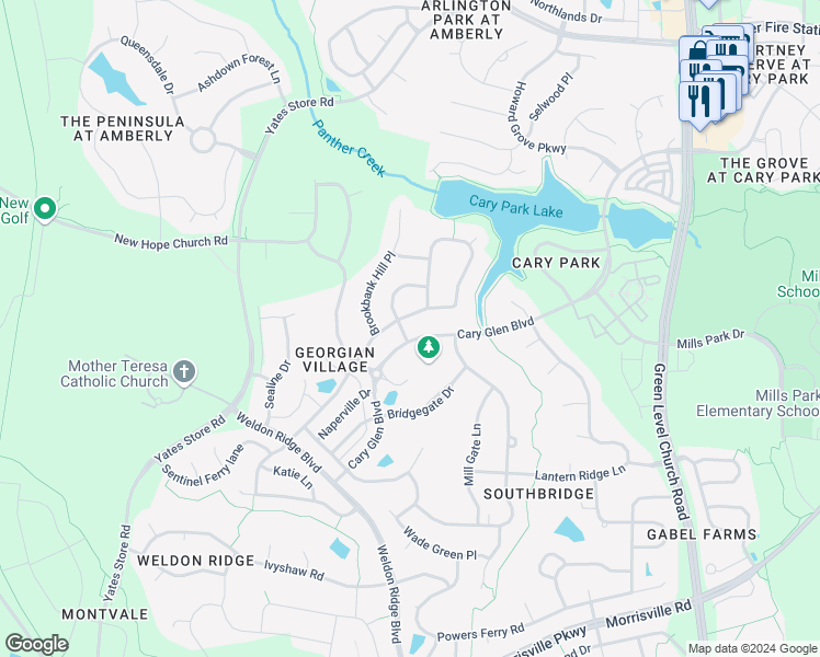 map of restaurants, bars, coffee shops, grocery stores, and more near 202 Greenfield Knoll Drive in Cary
