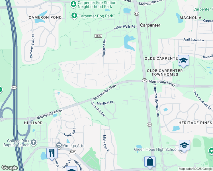 map of restaurants, bars, coffee shops, grocery stores, and more near 2817 Banks Knoll Drive in Cary
