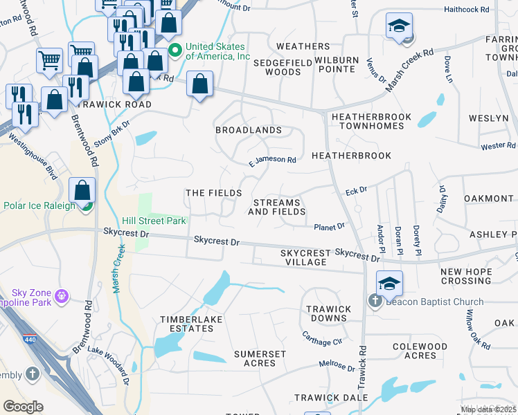 map of restaurants, bars, coffee shops, grocery stores, and more near 3333 Neptune Drive in Raleigh