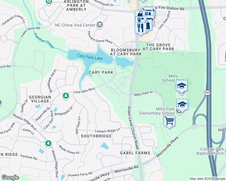 map of restaurants, bars, coffee shops, grocery stores, and more near 119 Ballyliffen Lane in Cary