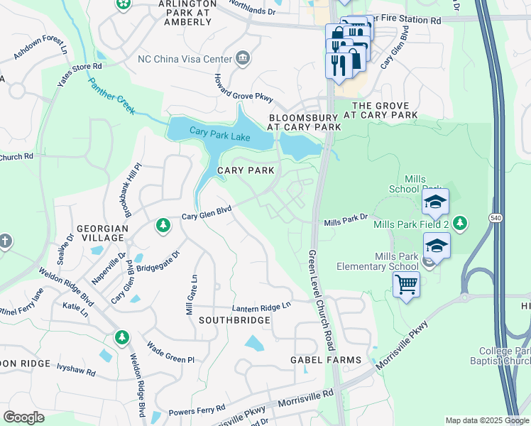map of restaurants, bars, coffee shops, grocery stores, and more near 311 Rosapenna Lane in Cary