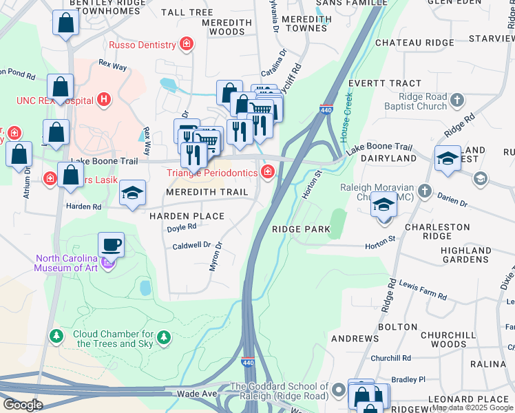 map of restaurants, bars, coffee shops, grocery stores, and more near 2216 Myron Drive in Raleigh