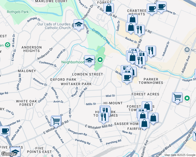 map of restaurants, bars, coffee shops, grocery stores, and more near Fallon Grove Way in Raleigh