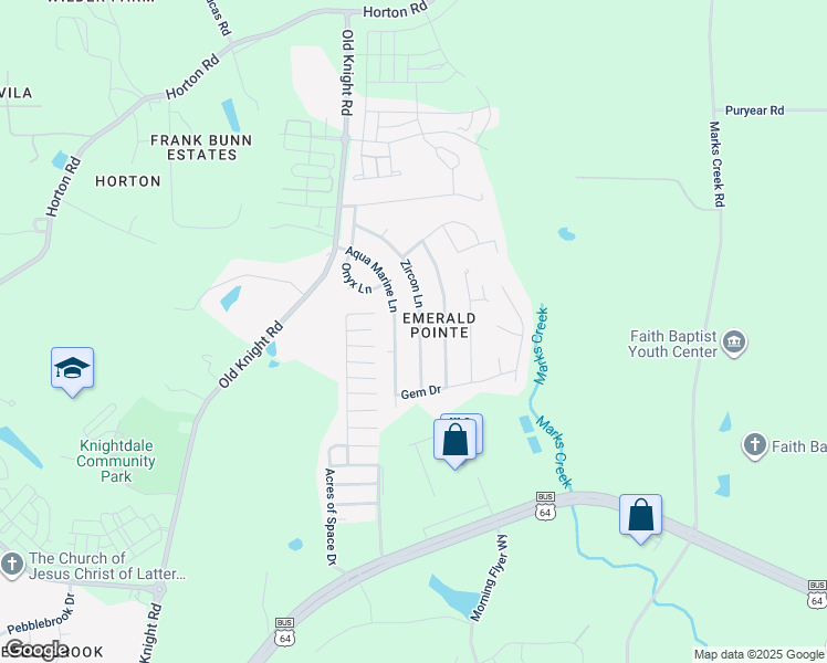map of restaurants, bars, coffee shops, grocery stores, and more near 203 Zircon Lane in Knightdale
