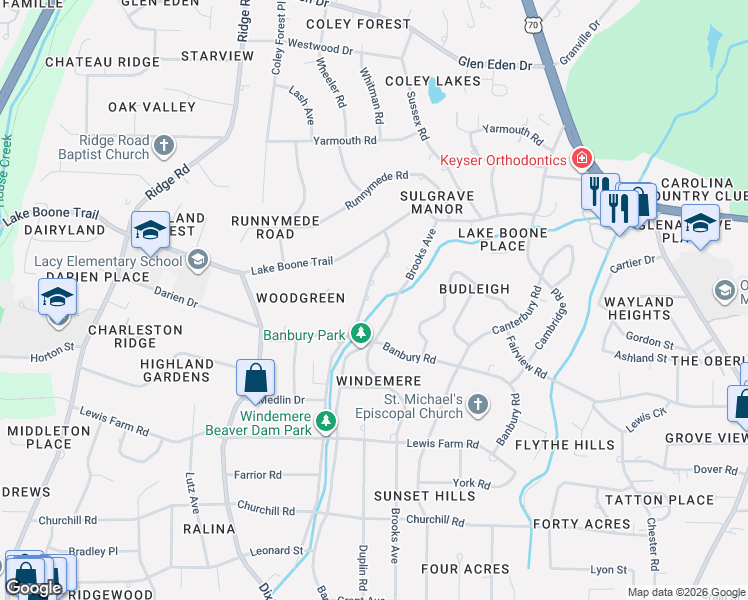 map of restaurants, bars, coffee shops, grocery stores, and more near 1706 Nottingham Road in Raleigh