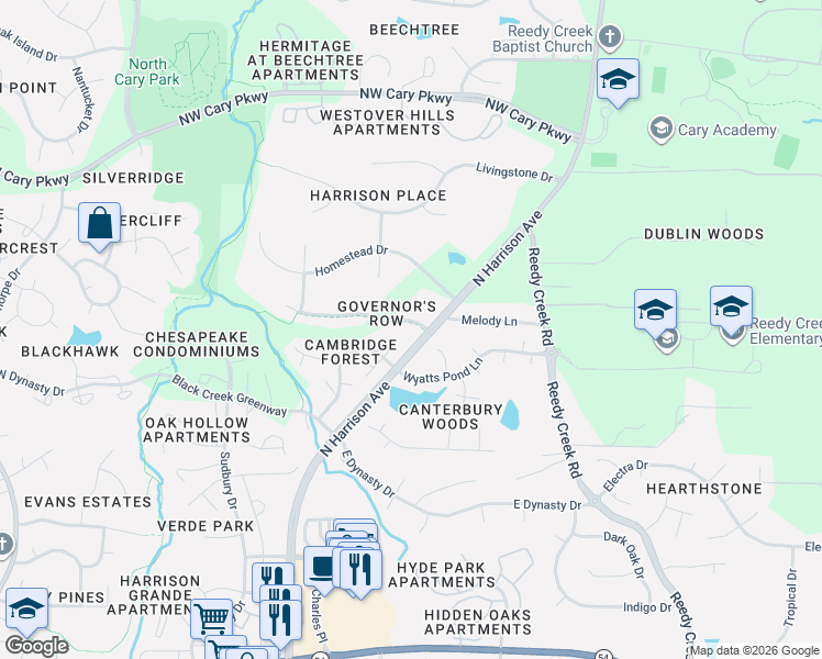 map of restaurants, bars, coffee shops, grocery stores, and more near 108 North McLean Court in Cary