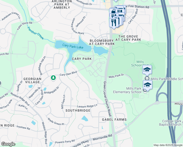 map of restaurants, bars, coffee shops, grocery stores, and more near 119 Ballyliffen Lane in Cary