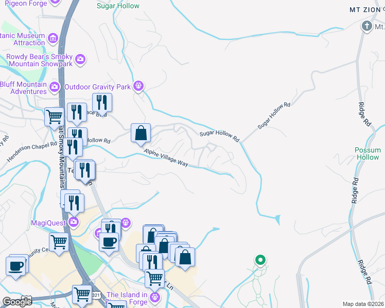 map of restaurants, bars, coffee shops, grocery stores, and more near 2704 Alps Way in Pigeon Forge
