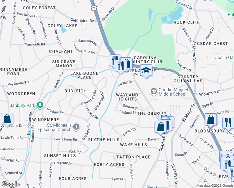 map of restaurants, bars, coffee shops, grocery stores, and more near 2800 Cartier Drive in Raleigh