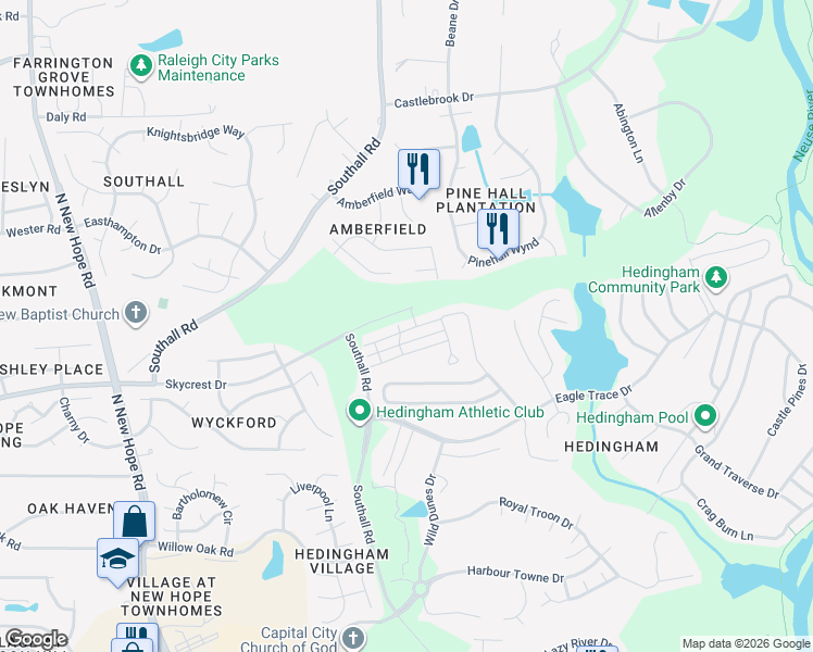 map of restaurants, bars, coffee shops, grocery stores, and more near 4737 Forest Highland Drive in Raleigh