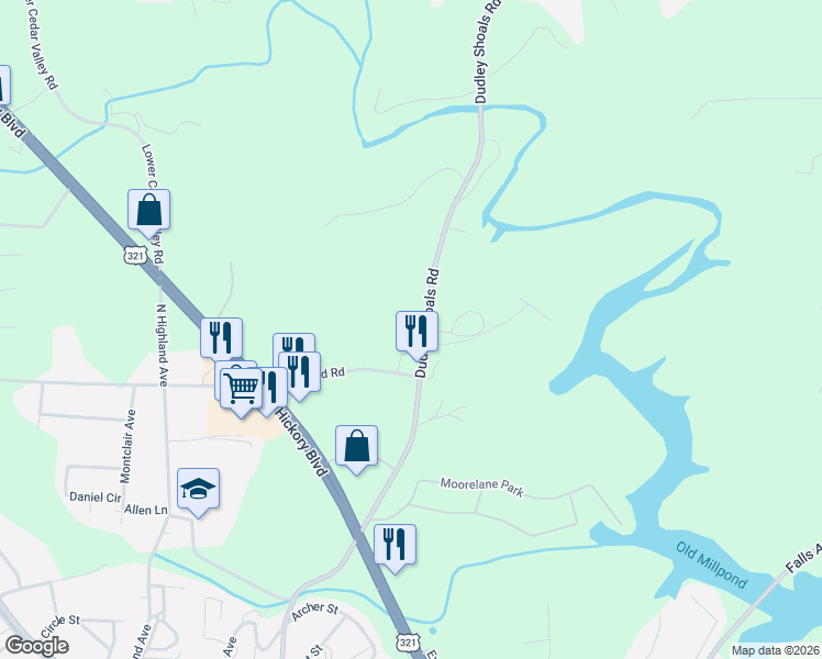 map of restaurants, bars, coffee shops, grocery stores, and more near 538 Dudley Shoals Road in Granite Falls