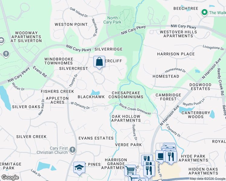 map of restaurants, bars, coffee shops, grocery stores, and more near 120 Waterfall Court in Cary